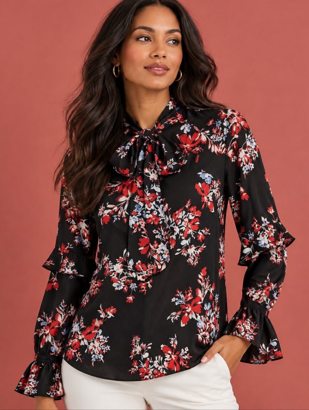 Lauren Ralph Lauren Black Multi Floral Tie-Neck Blouse Ruffle Trim Medium